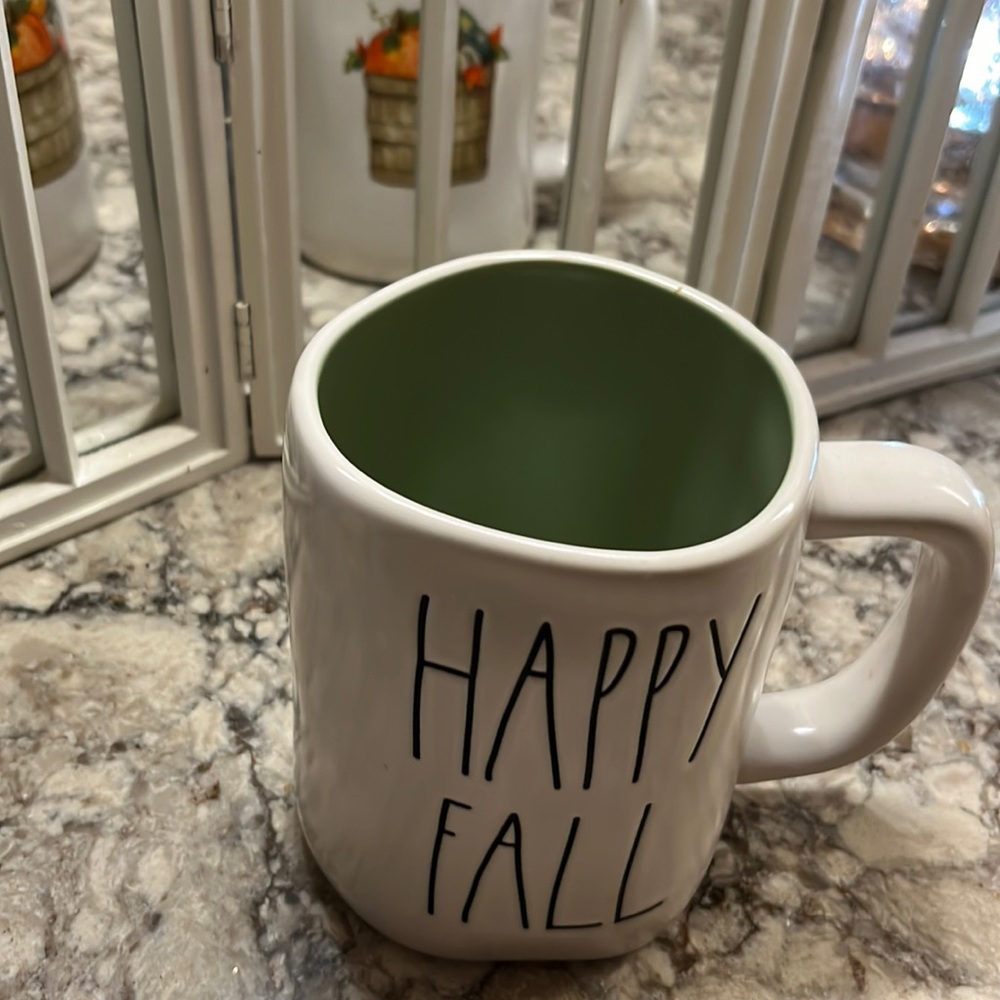 Rae Dunn mug.  Cream and inside green. Happy Fall
